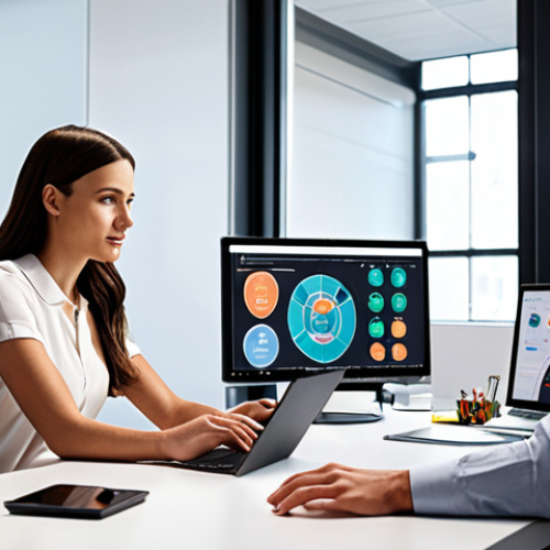 **

A modern office scene depicting employees collaborating with advanced automation tools. Focus on showcasing how automation streamlines workflows and provides employees with more time for creative tasks. Highlight elements such as data visualization dashboards, AI-powered assistants, and collaborative online platforms. Convey a sense of empowerment and innovation in the workplace.

**