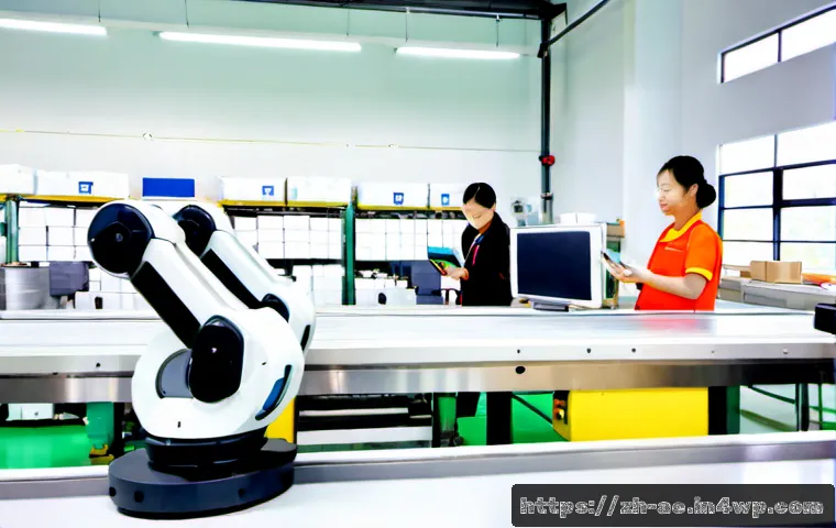 자동화가 노동 시장에 미치는 긍정적 영향 - Photorealistic modern manufacturing facility, a collaborative robot safely handling repetitive packa...
