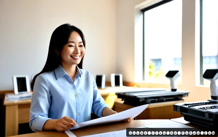 인간의 직무 만족도 향상을 위한 자동화 전략 - Photorealistic modern office scene, a relaxed middle-aged employee smiling as automated robotic sort...